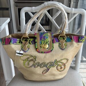 Vintage Coogi straw gold colorful beach bag metallic tote brand new with tags